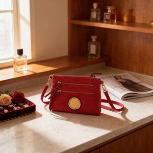 Michael Kors Red Dual-Functional Crossbody or Wristlet Bag with Gold Details